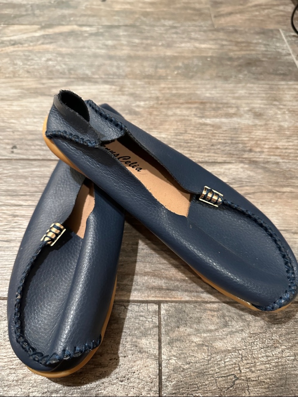 Navy Leather Slip-On Flats with Gold Accent
